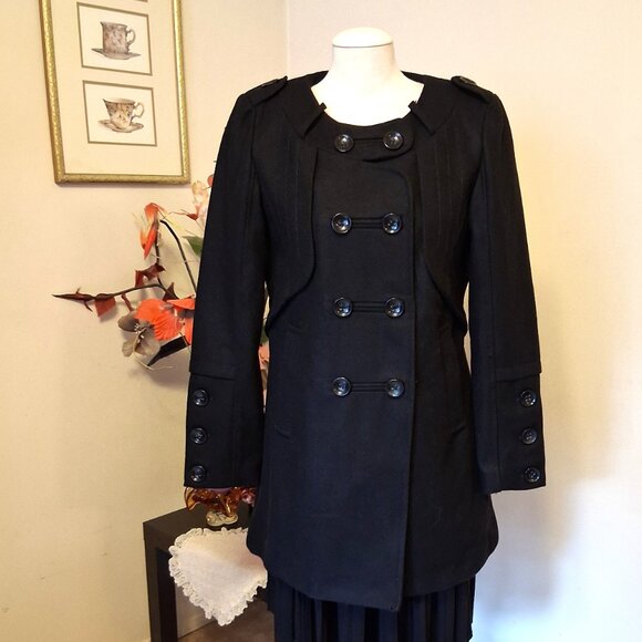 NWT 2 Two Women's Black Double Breasted Wool Blend Lined Winter Pea Coat - Picture 4 of 15